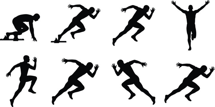 Collection of male runner silhouettes in various sprinting action poses from starting block to finish line