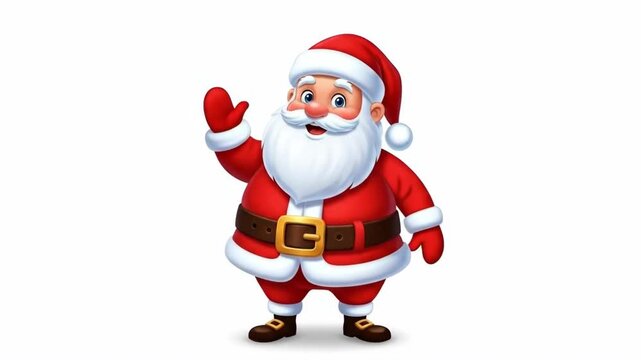 A cheerful cartoon santa claus waving his hand against a white background