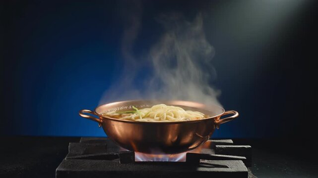Steaming copper pot of ramen noodles on a gas burner