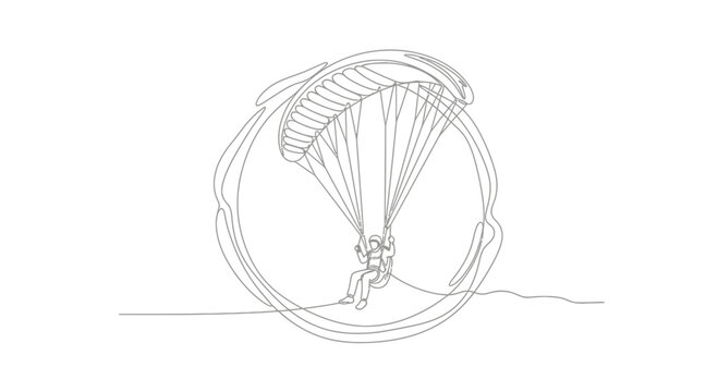 Single line drawing of a paraglider soaring with a parachute and harness