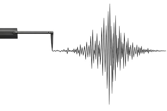 Mechanical seismometer arm recording strong earthquake ground vibration spikes
