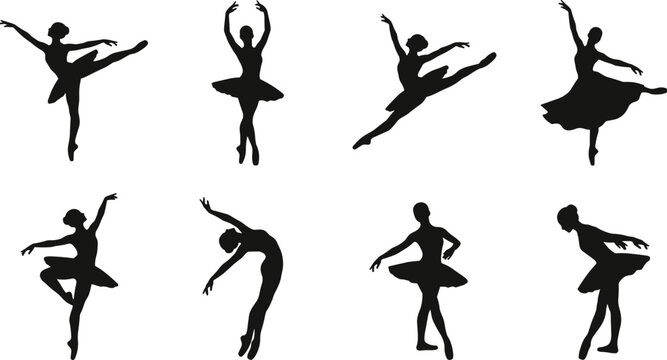 Elegant ballet dancer silhouette illustrations showcasing arabesques, leaps, graceful poses, and expressive classical dance movements