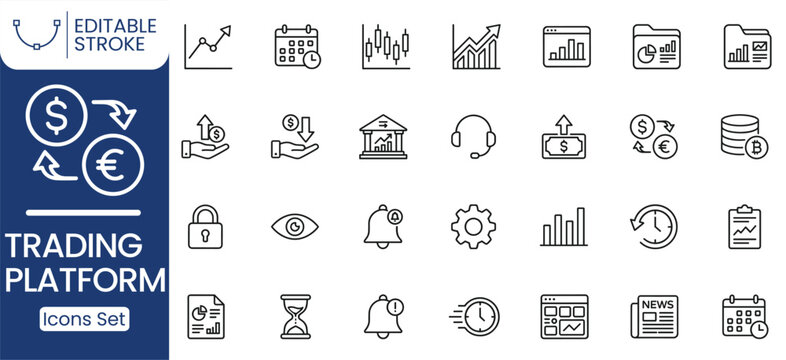 Trading platform icon set. Containing stock trading, market analysis, investment, portfolio, exchange, price alerts, financial charts, trading dashboard and more. Solid vector icons collection.