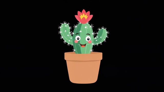 Happy cartoon cactus with red flower in terracotta pot