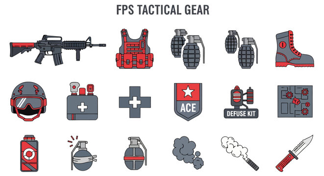 A grid of 17 flat vector icons depicting military or firstperson shooter game tactical equipment