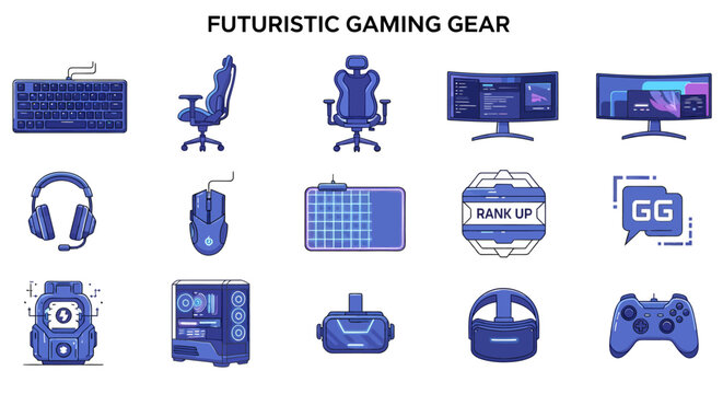 A grid of fifteen bluetoned flatstyle icons representing various pieces of futuristic gaming equipment