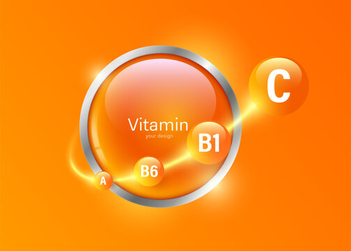 Vitamin complex vector illustration showing essential nutrients C, B1, B6, and A as glossy orange molecule floating on bright background for health supplement design, vector 3d for advertising design