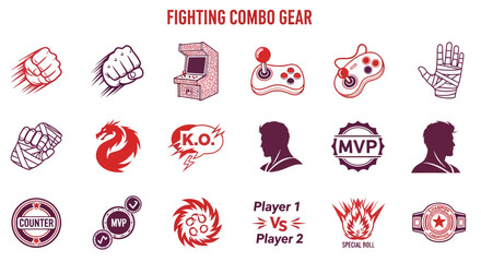 Fototapeta premium An image with eighteen graphic icons illustrating fighting games including fists arcade gear fighters and symbols