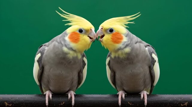 Two identical cockatiels sitting side by side against a solid green background