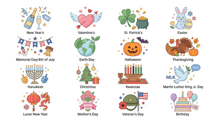 Fototapeta premium A vibrant illustration of various holidays and celebrations from around the world depicted through diverse icons and symbols in a colorful graphic design.