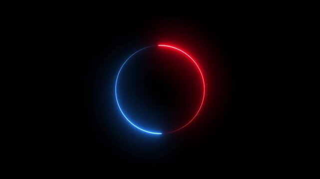 Neon ring glowing with red and blue light rotating in circle on black background.