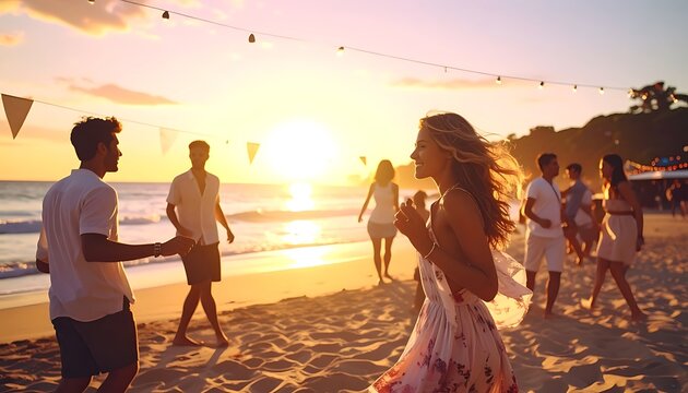 Young adults socializing on beach at sunset.