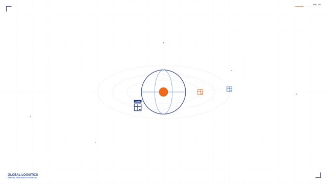 Global logistics package moving through space, orbital trajectory, 2K aerial view