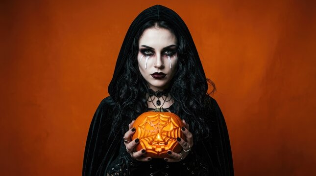 Halloween witch holding a spooky carved pumpkin with a spider web design on an orange background