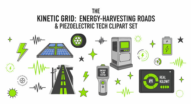 Piezoelectric road tech clipart set with solar panels energy tester battery icons and green power symbols