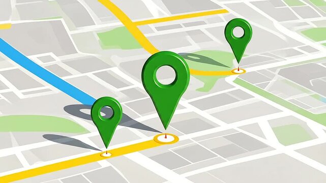 Three green location pins placed on a digital city street map