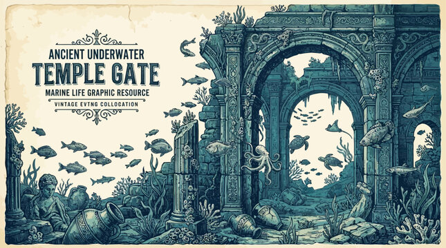 Detailed Vintage Engraving Vector Illustration of an Ancient Underwater Temple Ruins with Submerged Columns and Aquatic Marine Life within a Mythological Sunken City Scenery