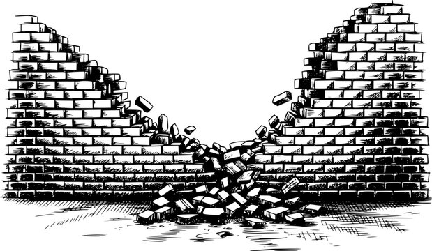 A black and white of a crumbling brick wall with debris scattered on the ground in a pile