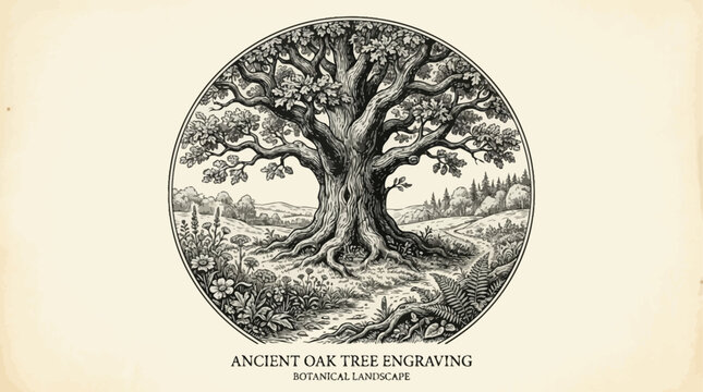 Detailed Vintage Oak Tree Engraving Vector Illustration Featuring Intricate Botanical Line Art Design of a Majestic Ancient Quercus Robur for Classical Nature and Heritage Projects