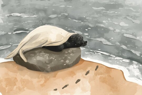Selkie seal resting on shore rock with human footprints watercolor