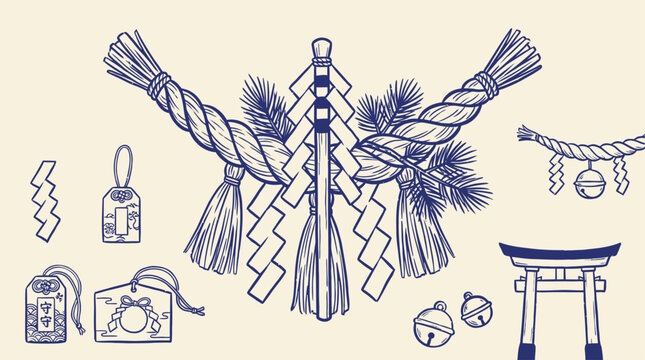 Intricate Hand Drawn Detailed Line Art Vector Illustration of a Traditional Japanese Shimenawa Sacred Ritual Rope with Zigzag Paper Streamers Shide Hanging Ornament for Shrine and Temple Decor
