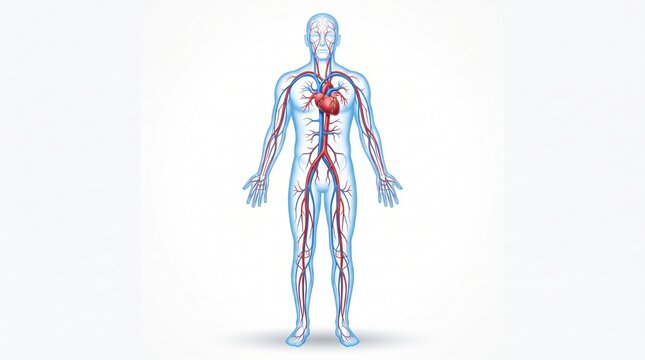 3D illustration of human cardiovascular system with heart arteries and veins on white background