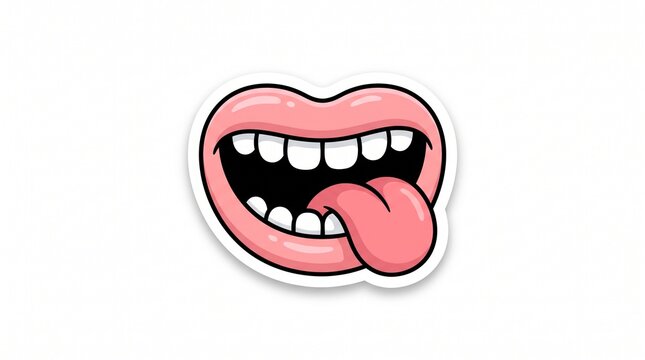 Funny cartoon mouth sticker with pink lips and tongue sticking out