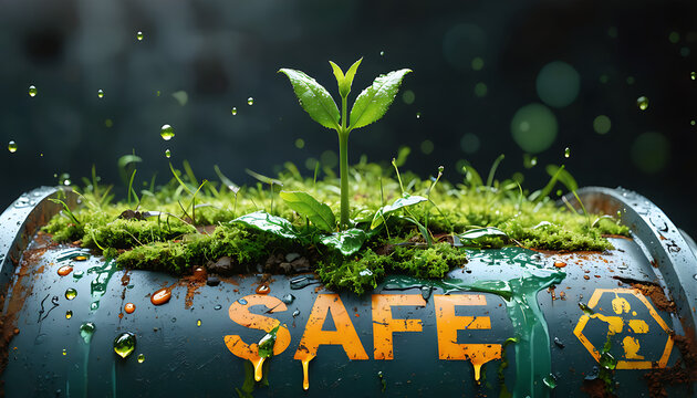 An upscaled wide 3D macro photograph satirizing pollution featuring a green plant sprout on a rusted chemical barrel with a faded orange stensil text that reads Safe.