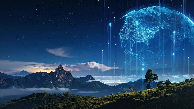A glowing digital globe floats above a dark mountain landscape at night
