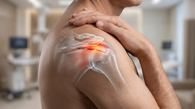 Shoulder Impingement Syndrome with Painful Rotator Cuff Inflammation and Shoulder Anatomy Overlay