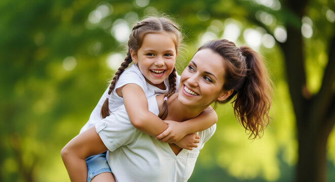 A loving mother holds her smiling little daughter in her arms, sharing a happy and tender moment together outdoors in nature