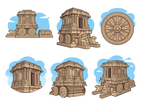 Stone chariot temples and wheel illustration