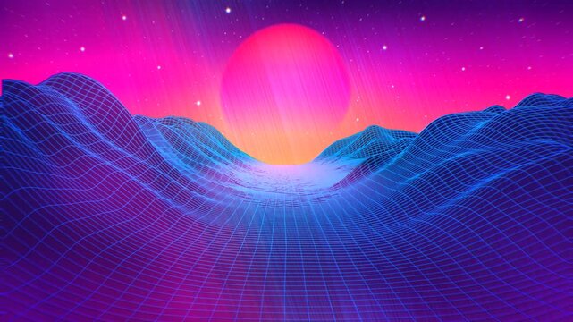 Glitching 80s synthwave landscape with blue grid mountains and sun over arcade space planet canyon