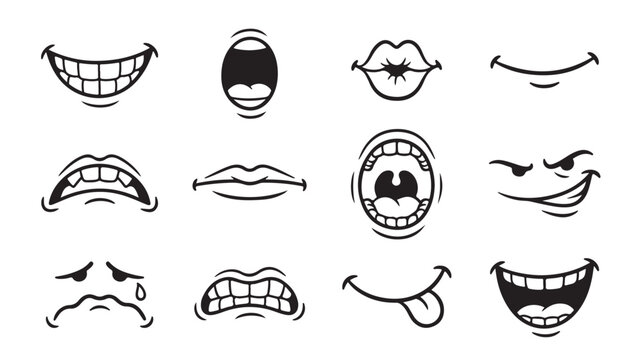 Vector set of cartoon mouth expressions for character design featuring various emotions and lip sync shapes.