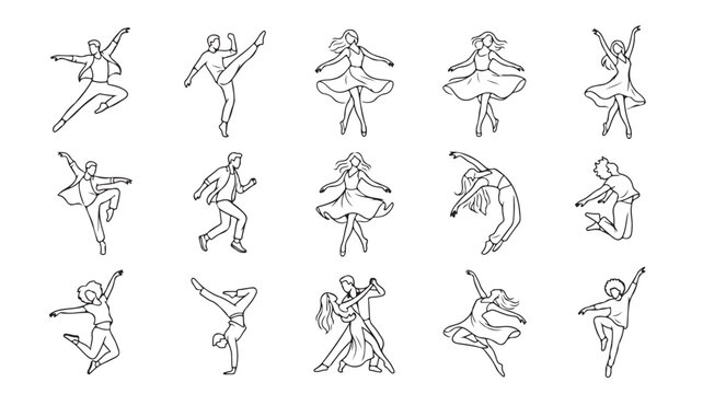 Various dancers performing different dance styles in elegant poses and movements together