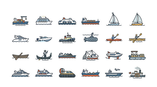 Water Transportation Flat Vector Icon Collection for Water Travel Design