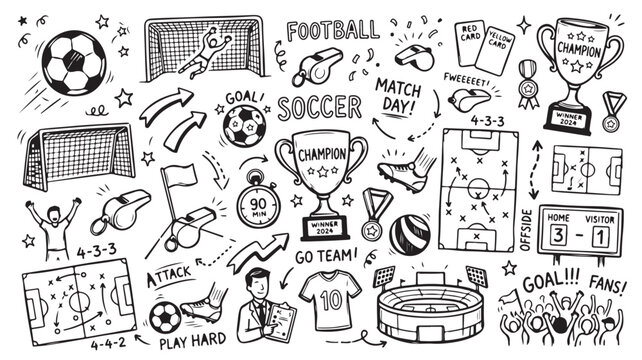 Black and white illustration of various soccer themed icons and objects for match day celebration