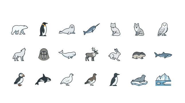 Arctic Animal Icons Set Featuring Various North Pole Wildlife