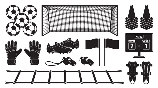 Black and white soccer equipment illustration including balls, goal, shoes, and referee tools on white background