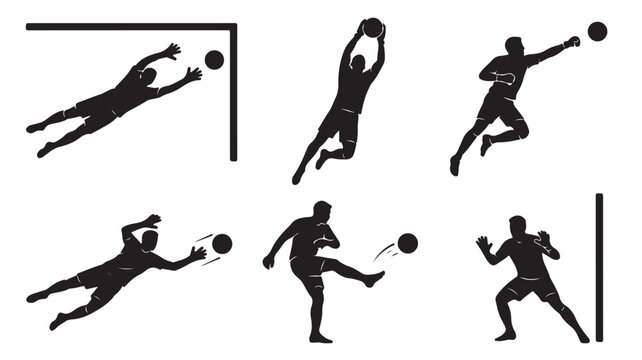 Silhouette of various handball players in dynamic poses on white background in black color scheme