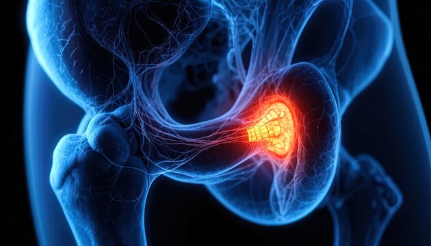3D Medical Illustration of Hip Joint Inflammation with Glowing Pain Effect in Dark Blue Background