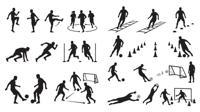 Black silhouettes of soccer players performing various movements and exercises on a white background collectively