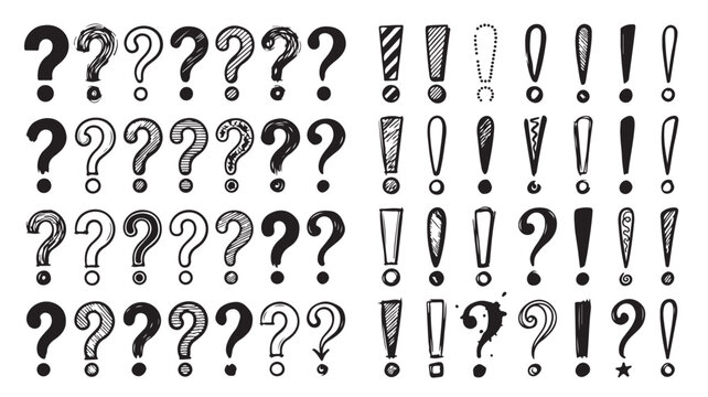 Various question marks and exclamation points in black on a white background for graphic design use
