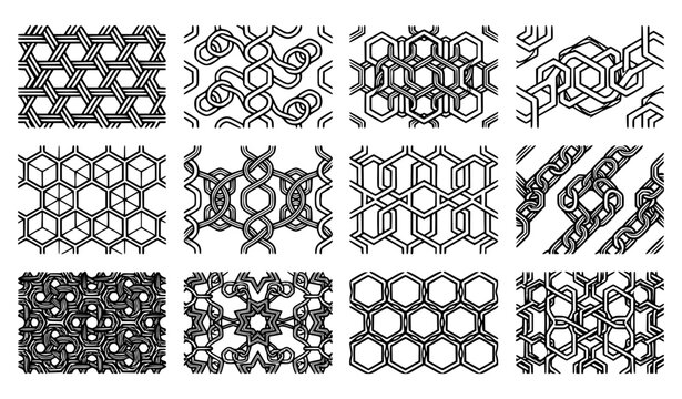 Seamless Geometric Hexagonal Line Pattern Vector Icon Set Featuring Interlocking Braided Woven and Celtic Knot Borders for Decorative Textures and Backgrounds