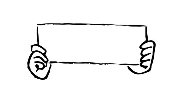 Sketchy cartoon hands holding a white sign board, loop animation vector