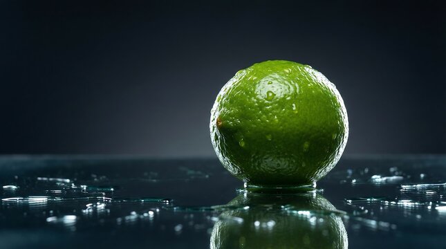 Fresh Green Lime with Water Droplets on Reflective Surface with Dark Background