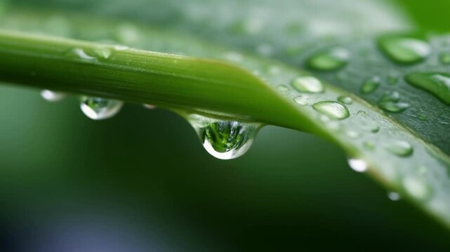 Close-up of water drops on a green leaf with reflection