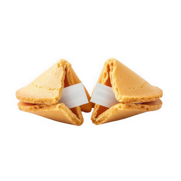 A broken fortune cookie on a white surface