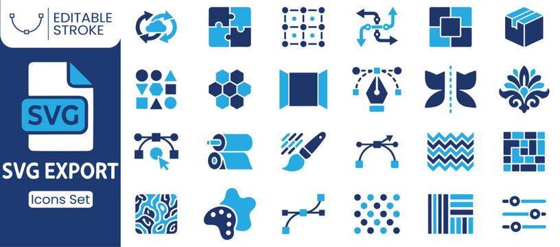 SVG export icon set. Containing vector editing, path tools, shape builder, design workflow, pen tool, pattern design, graphic elements, editable graphics and more. Solid vector icons collection.