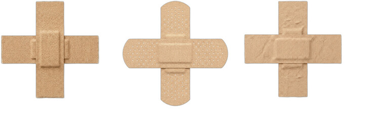 Set of three realistic cross-shaped adhesive bandages and medical plaster strips isolated on transparent PNG background. First aid healthcare assets for wound care, medical branding, and emergency gra © new